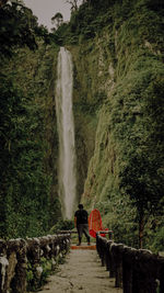 Rear view of man standing against waterfall