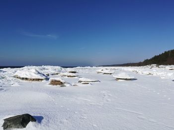 Scenic view of snow against clear blue sky