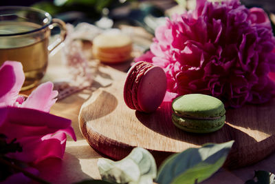 Bright macarons dessert and herbal tea for brunch in the terrace. blooming pink peony flowers