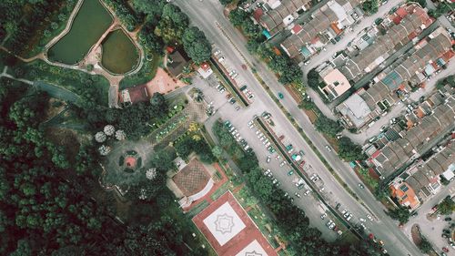 High angle view of street amidst buildings in city