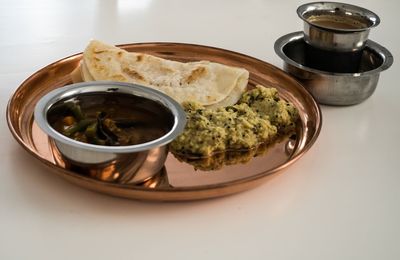 High angle view of soup in bowl on table