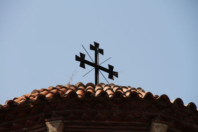 Low angle view of roof of building against clear sky