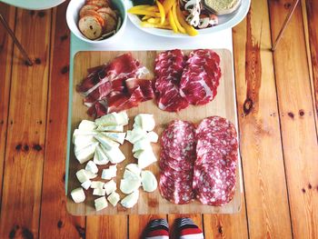 Directly above shot of food on wooden table