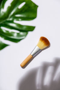 Close-up of make-up brushes on white background