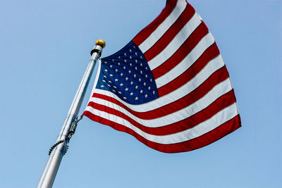 Low angle view of flag against clear sky