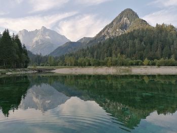 Scenic view of lake and mountains against sky