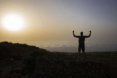 Rear view of man standing on mountain