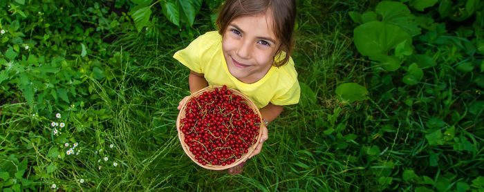 High angle portrait of smiling girl holding berries in basket