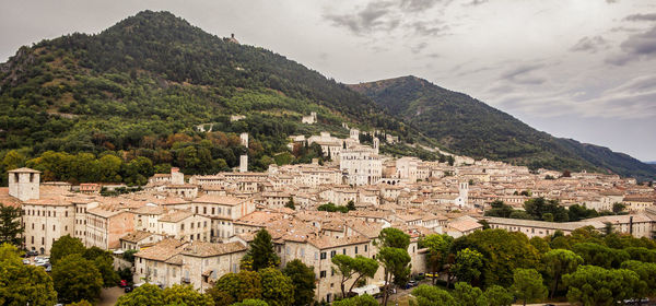 High angle view of buildings in town