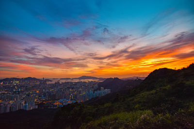 High angle view of townscape against sky during sunset