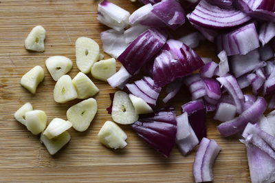 High angle view of chopped vegetables on cutting board