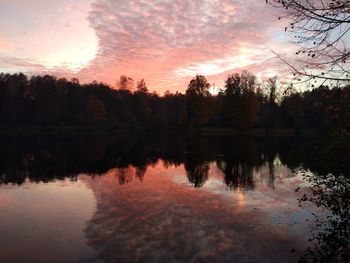 Reflection of trees in calm lake during sunset