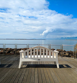 Wooden pier on sea against sky