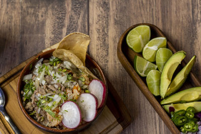 High angle view of food in container on table
