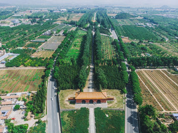 High angle view of buildings in city