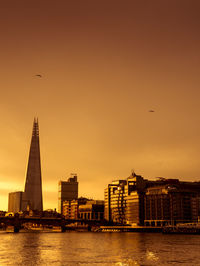 View of city at waterfront during sunset