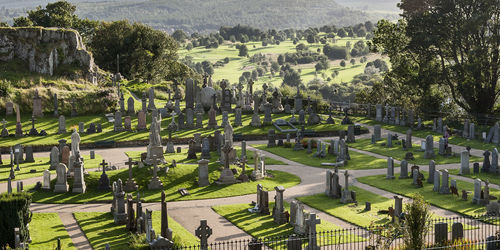 High angle view of cemetery against trees