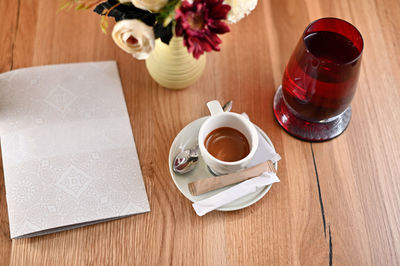 High angle view of coffee served on table