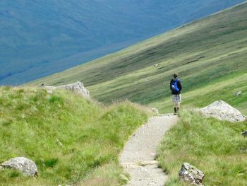 Rear view of man with backpack standing on road