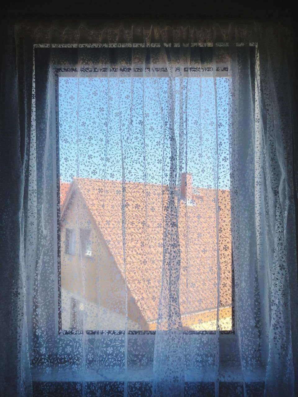 window, blue, glass, wall, curtain, indoors, no people, interior design, light, transparent, architecture, day, close-up, built structure, nature, window covering, building, window treatment