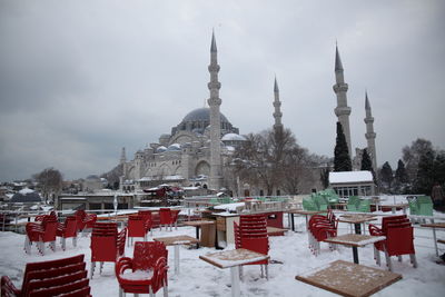 Low angle view of snow covered mosque against cloudy sky at dusk