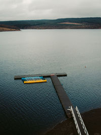 High angle view of boat in sea against sky