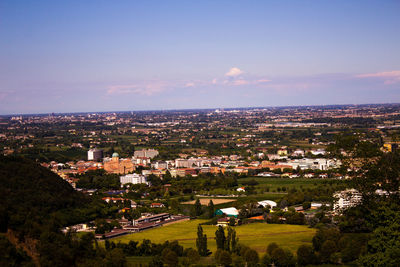 High angle shot of townscape against sky