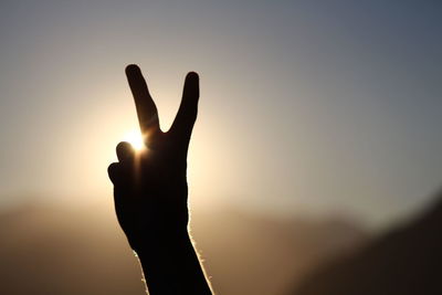 Close-up of silhouette hand against sky during sunset