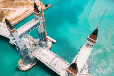 High angle view of boats moored in sea