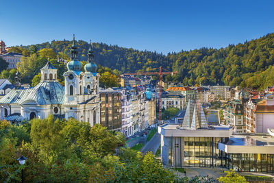 View of karlovy vary with church of st. mary magdalene, czech republic