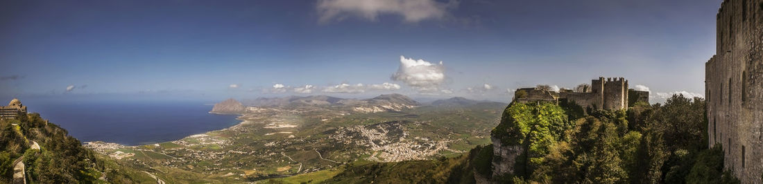 Panoramic view of sea and mountains against sky