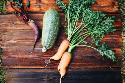 High angle view of vegetables on table