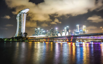 Illuminated bridge over river with city in background