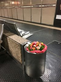 High angle view of fruits in container on floor
