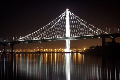 Illuminated suspension bridge at night