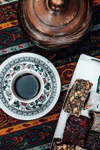 High angle view of coffee on table