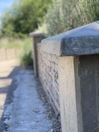 Close-up of stone wall by footpath