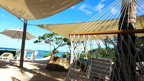 Low angle view of beach against blue sky