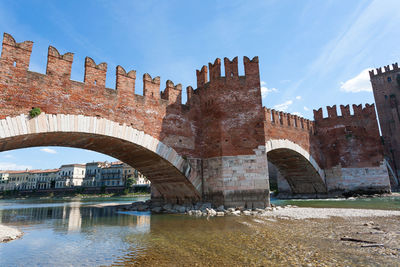 Arch bridge over river against sky