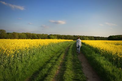 Rear view of person on field against yellow sky
