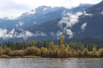 Scenic view of lake by mountains against sky