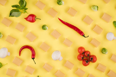 High angle view of chopped vegetables on table