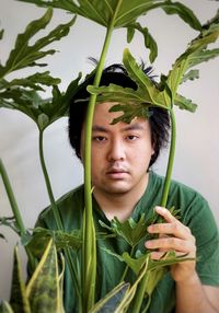 Portrait of young man holding leafy frond indoors.