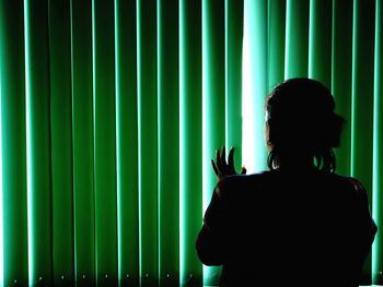 Rear view of woman looking through window blinds