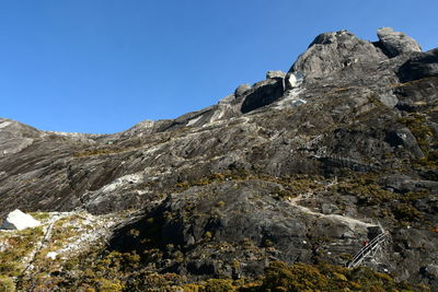 Low angle view of rock formation against clear blue sky