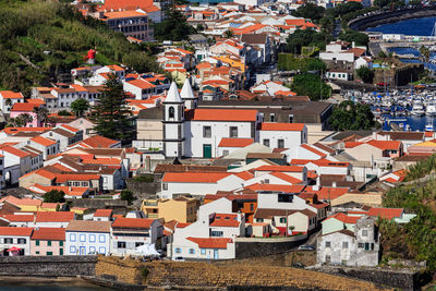 High angle view of houses in city