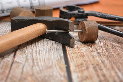 High angle view of tools on table