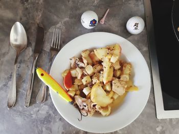 High angle view of breakfast served in plate