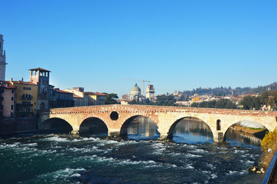 Arch bridge over river against clear sky