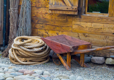 High angle view of ropes on table